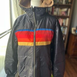 Puffer Aviation Style Jacket with Color-Block Stripe Sherpa Hood Zip Up Y2K